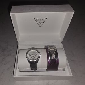 GUESS Silver and Black Watch with Purple Band